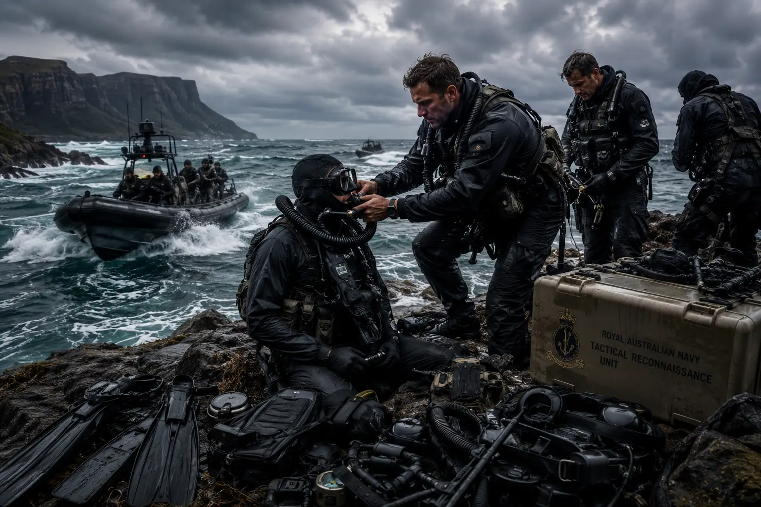 Royal Australian Navy divers training in rough Tasmanian Sea waves