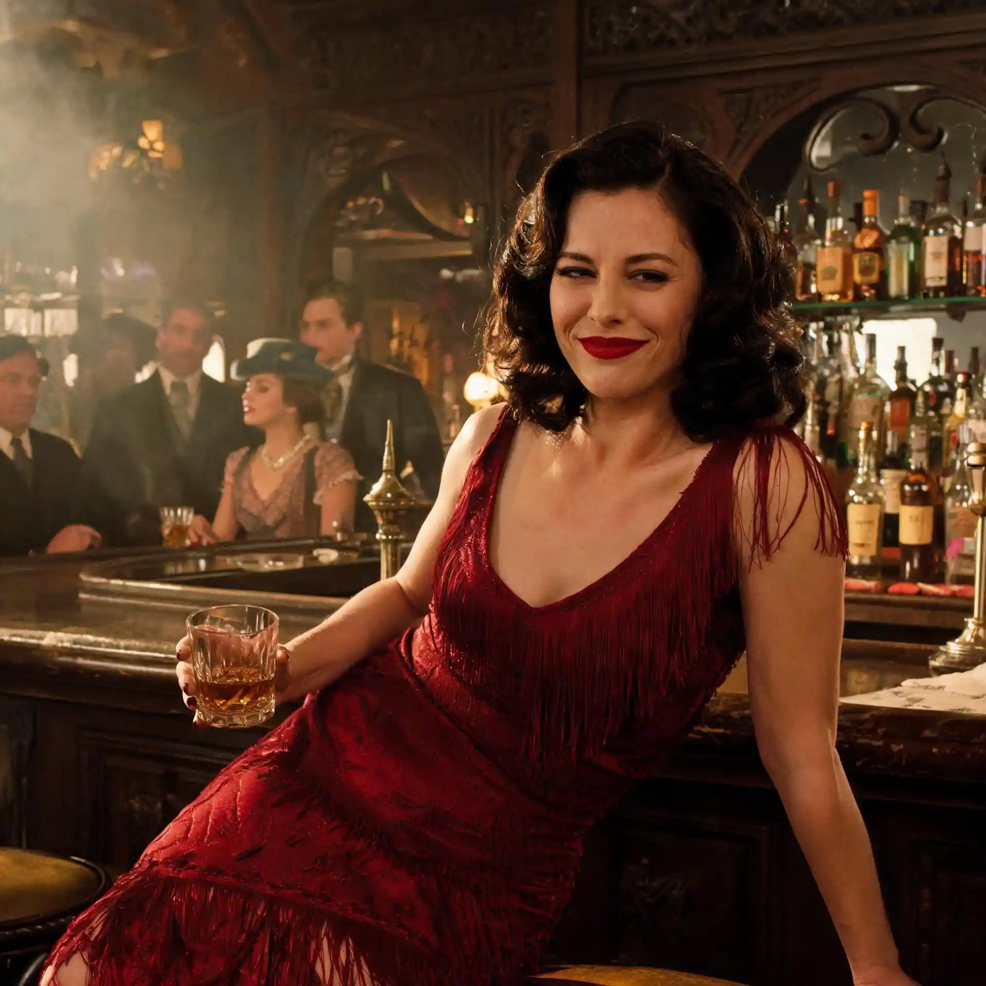 Cinematic portrait of a glamorous woman in a red dress