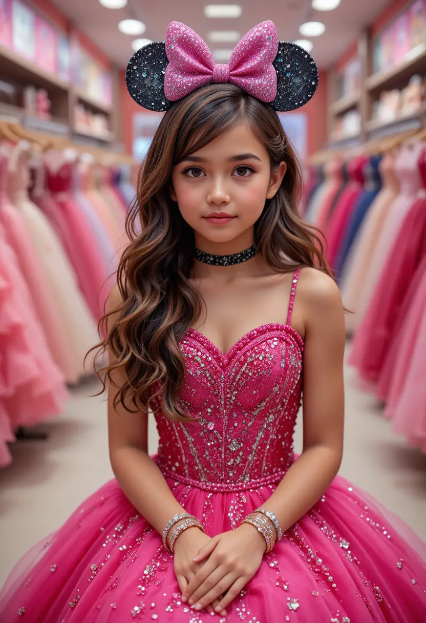 Embarrassed young girl in pink minnie mouse princess gown