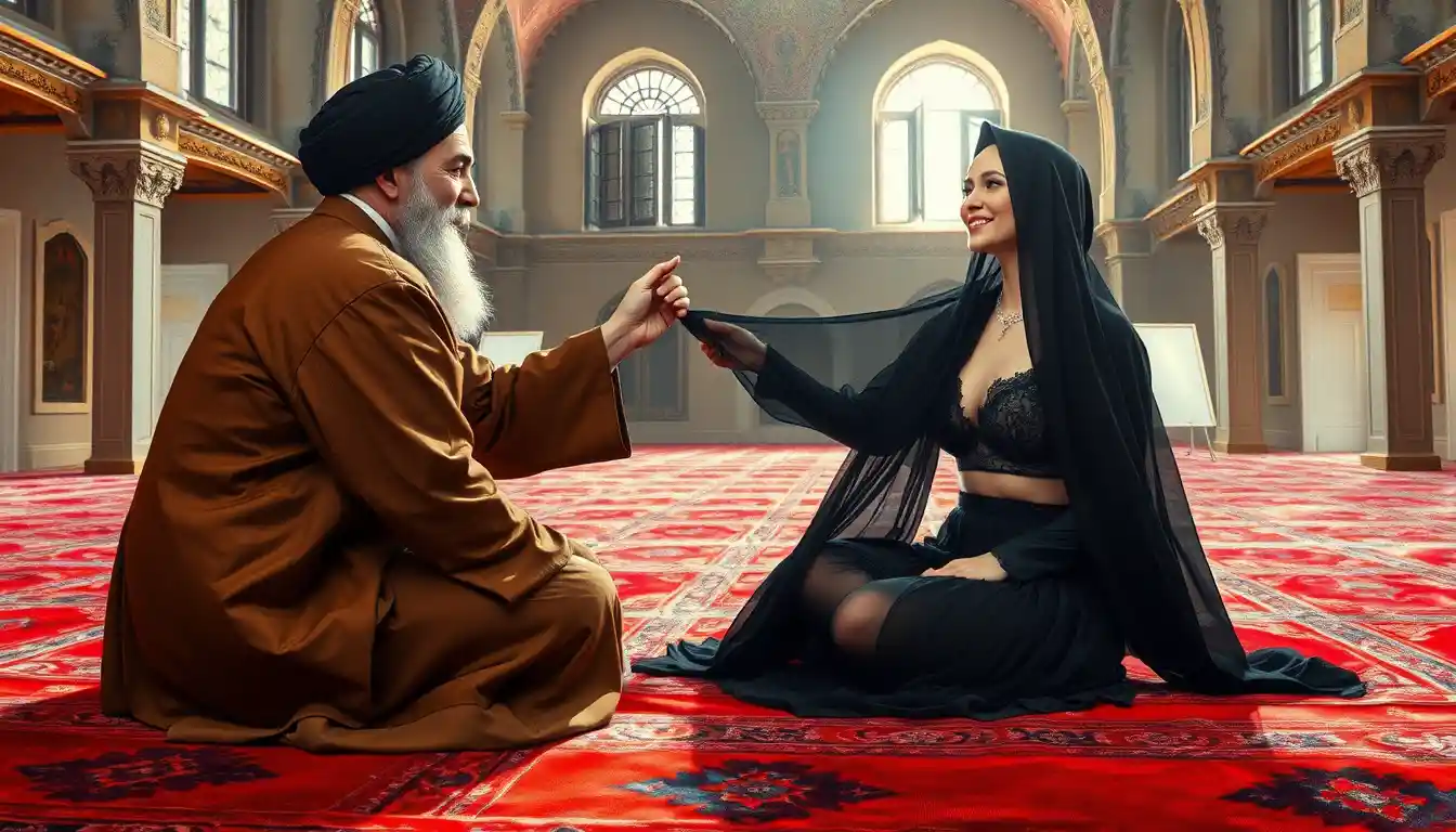 Dipinto a olio di una donna e un religioso all'interno di una moschea