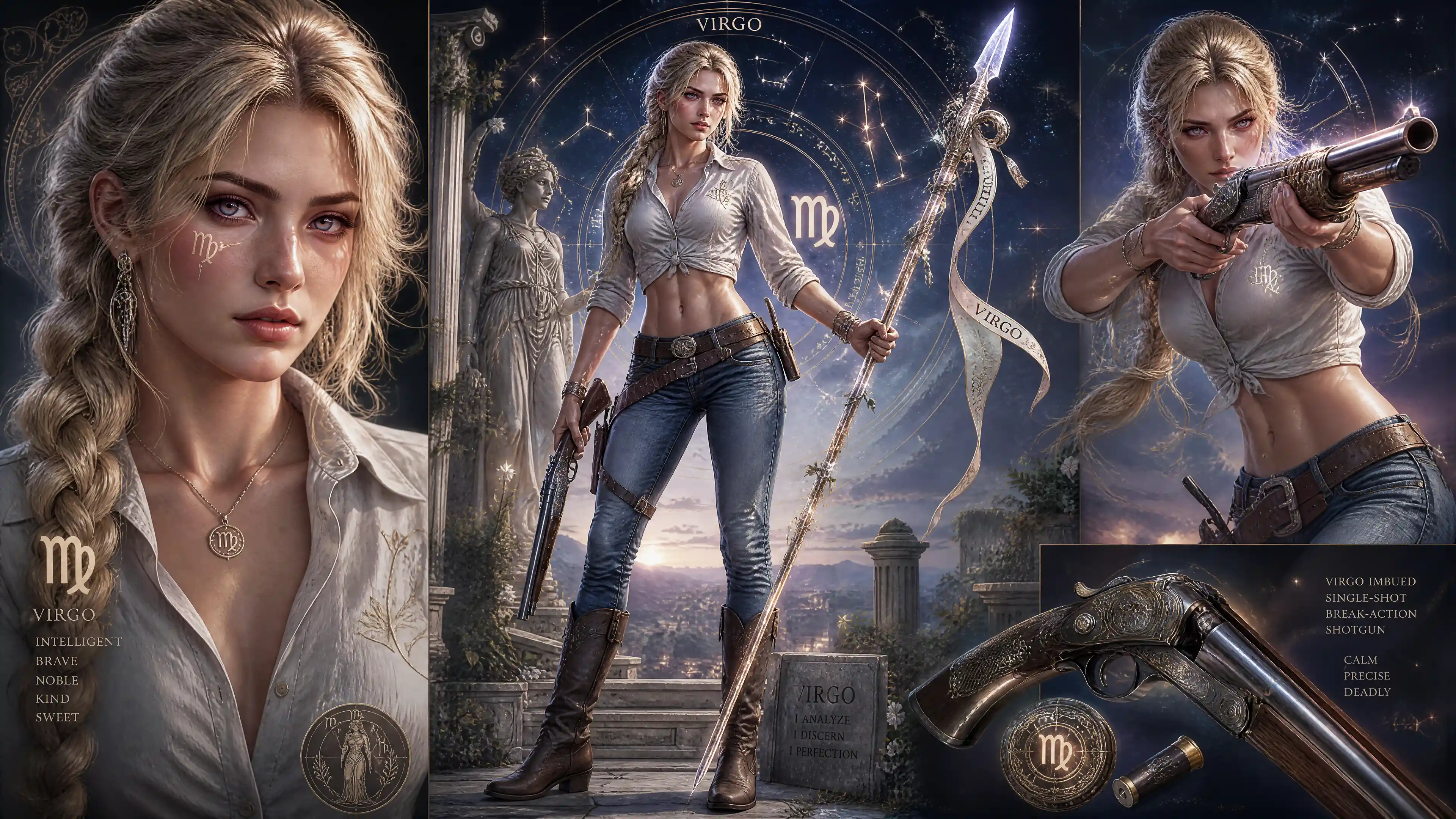 Blonde female warrior with virgo symbol and swordstaff