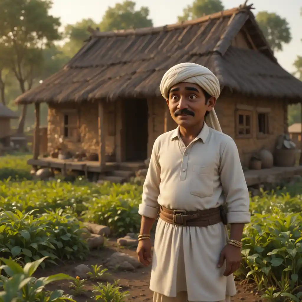 Peaceful Indian farmer in village fields at sunrise