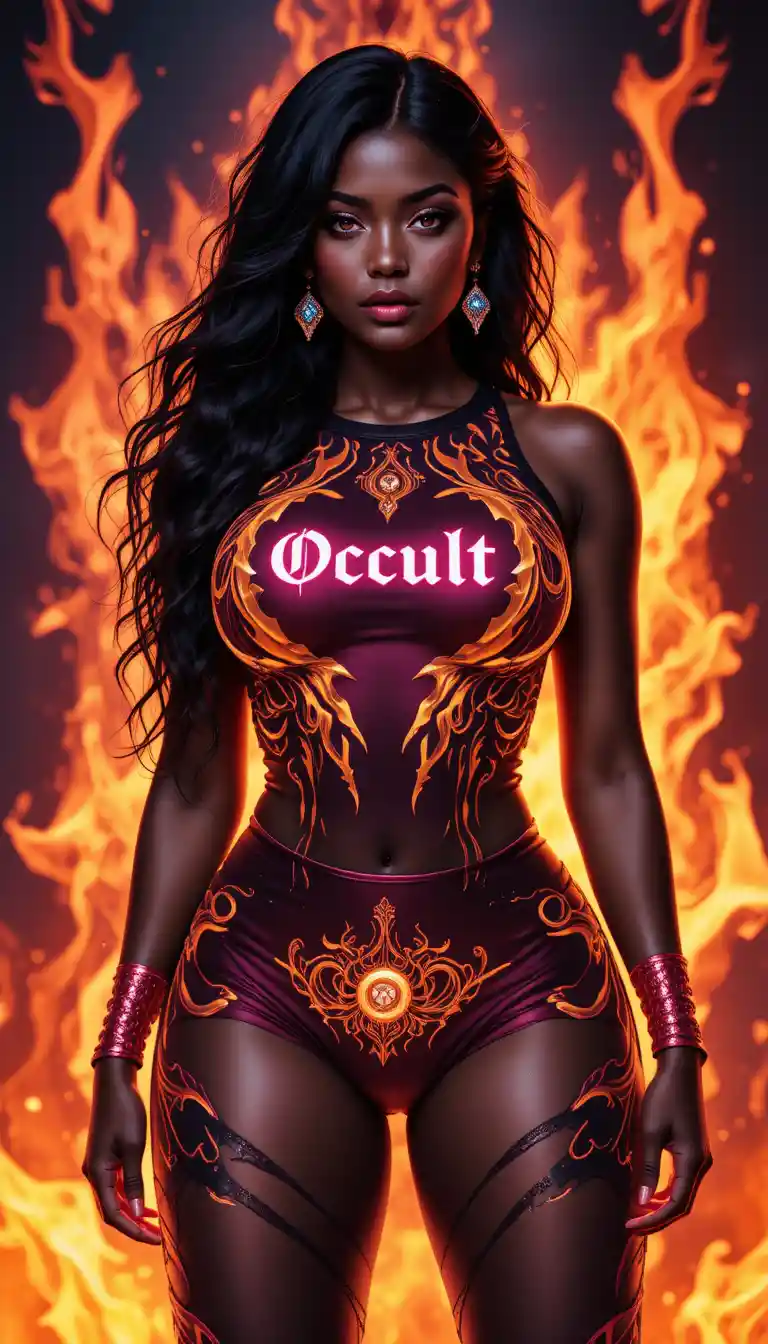 Curvy black woman in neon ruby occult sportswear