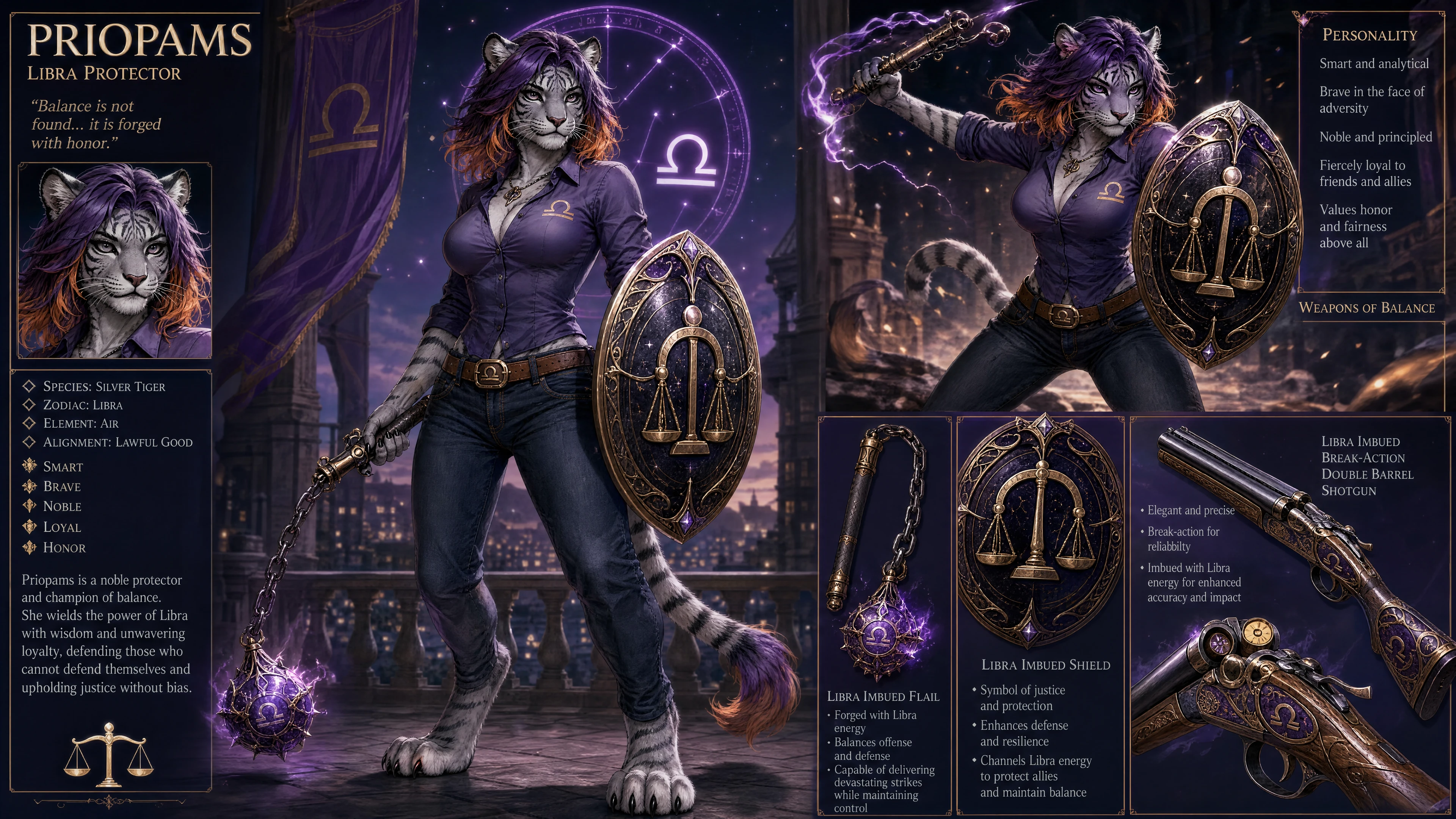 Anthro silver tiger woman with flail shield and shotgun
