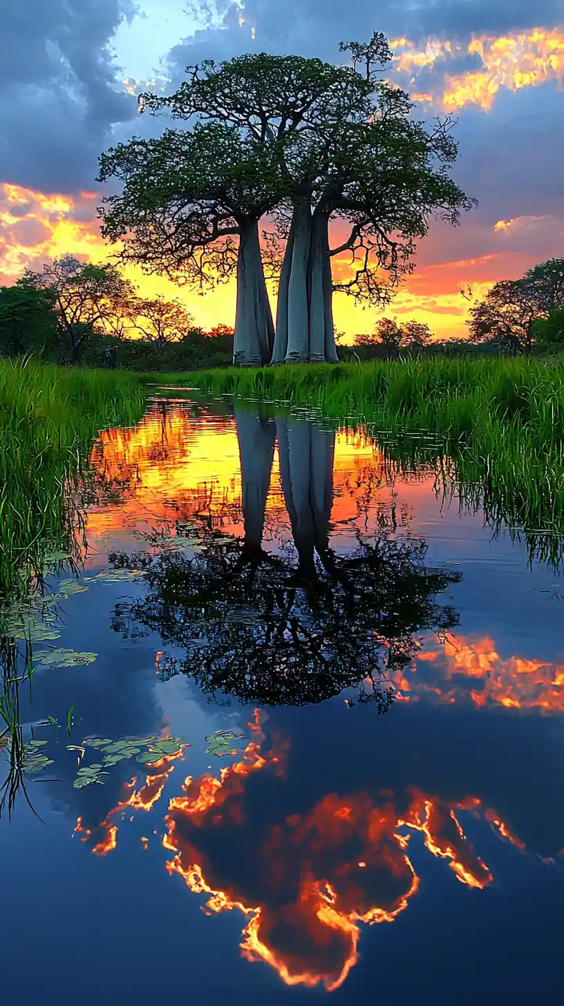 Sunset digital painting of Madagascar baobab tree avenue