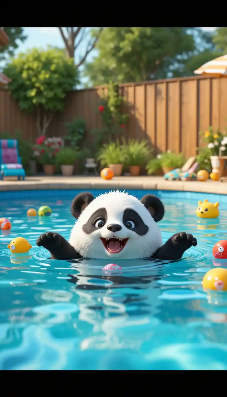 Cute panda relaxing in a colorful backyard swimming pool