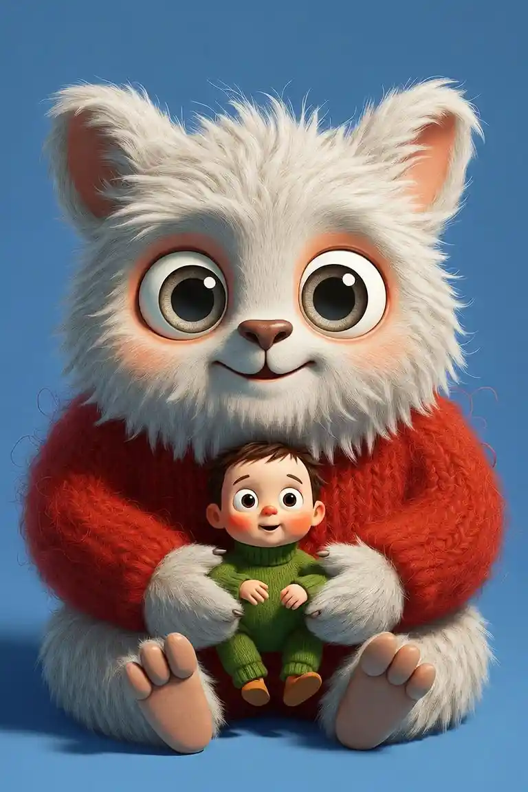 Gentle fluffy creature cuddling a small child on blue