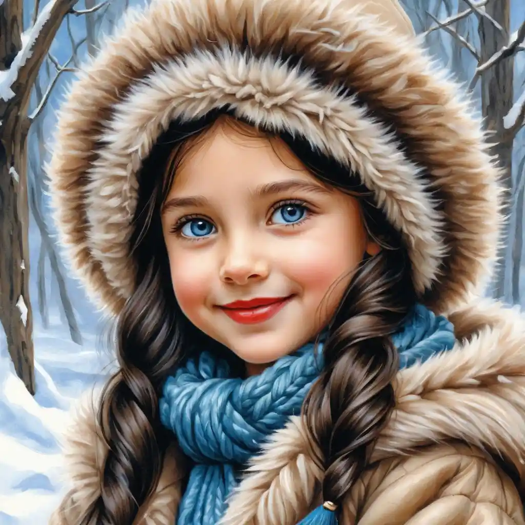 Smiling winter girl with long braided black hair