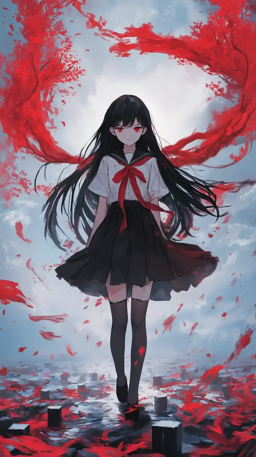 Sad anime girl with red eyes in dark school uniform