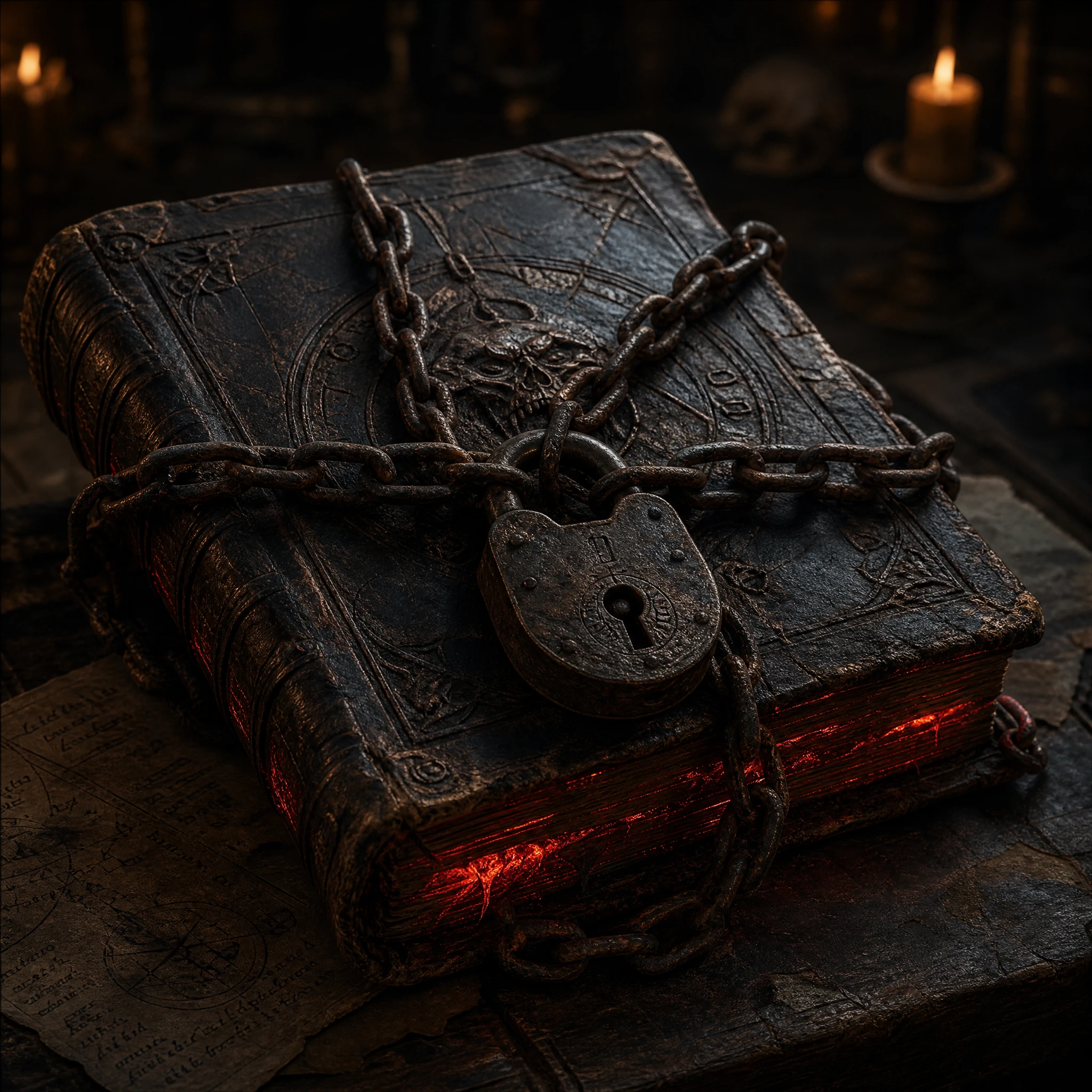 Ancient chained book glowing with crimson magical light