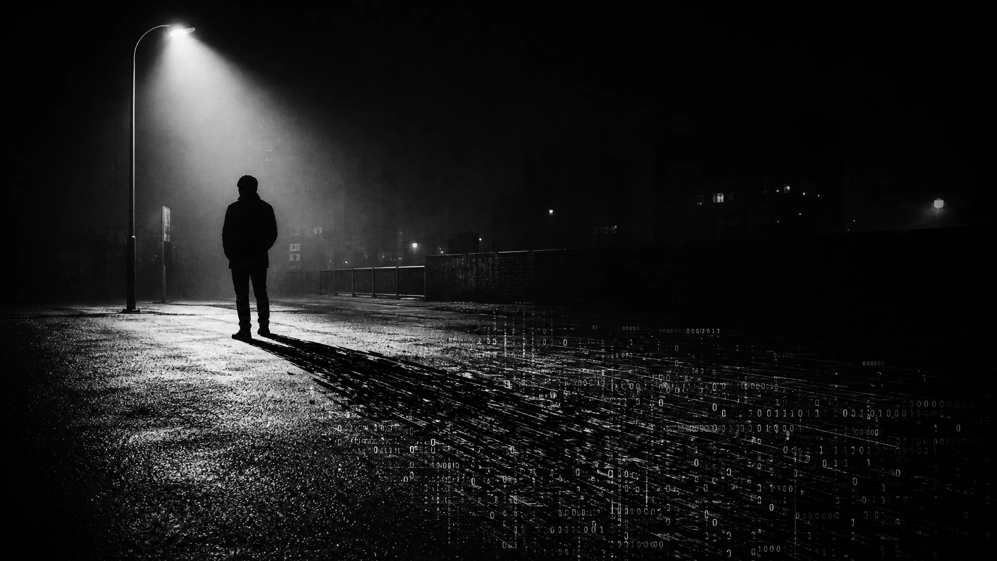 Silhouetted figure under a lone streetlamp at night