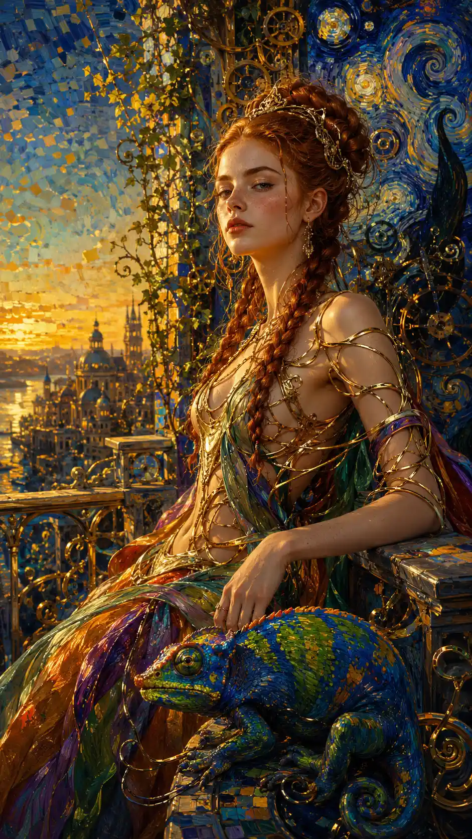 Princess on gilded balcony at dawn in surreal style