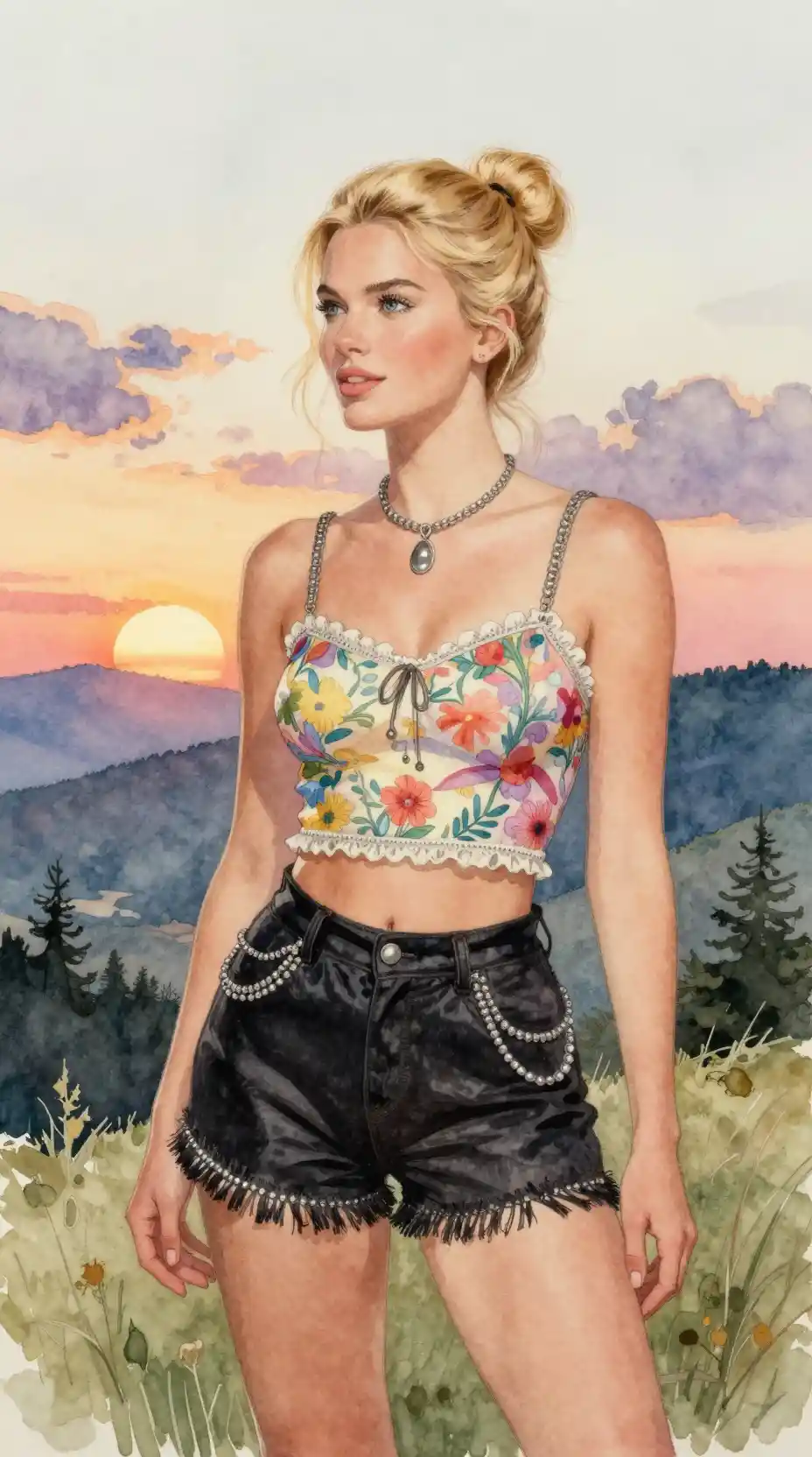 Smiling blonde girl in colorful outfit at sunset mountains