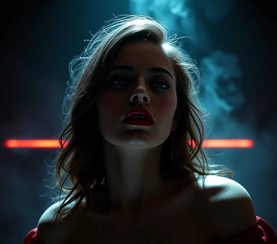 Surreal neon portrait of a woman in deep introspection
