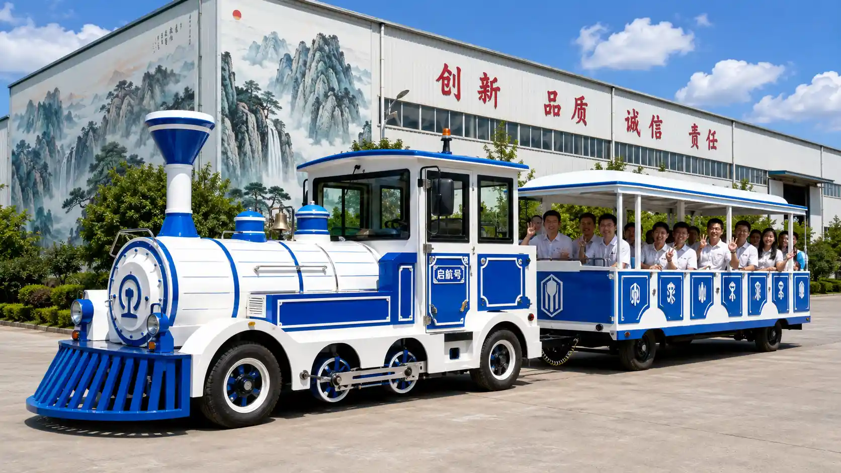 Colorful miniature steam train filled with smiling passengers