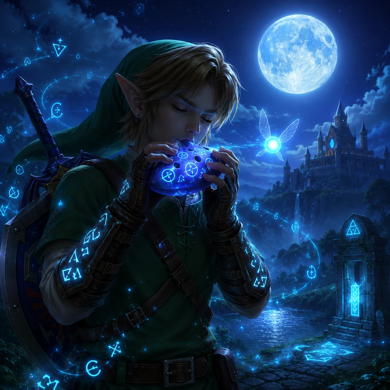 Fantasy hero holding an ocarina with glowing runes