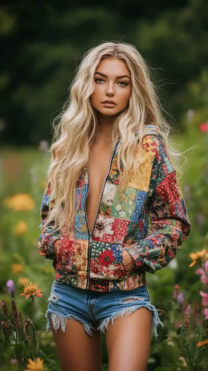 Bohemian blonde woman in hoodie standing in wildflower field