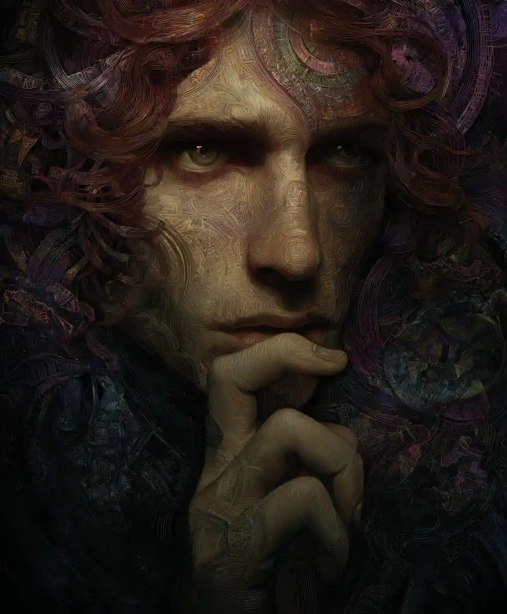 Surreal godlike figure woven from threads in purple haze