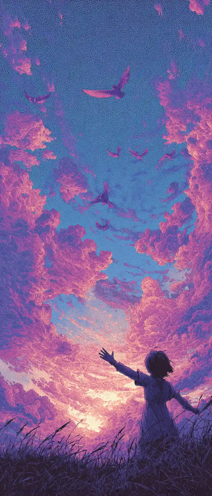 Radiant anime girl reaching toward a luminous breaking dawn