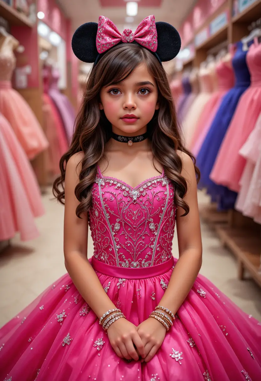 Embarrassed Young Girl In Pink Minnie Dress At Boutique