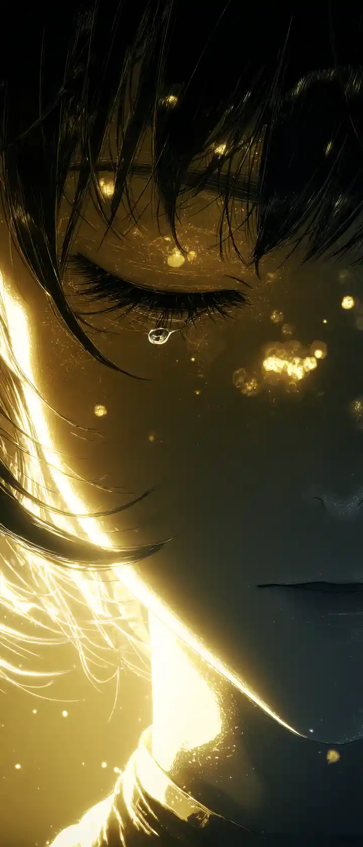 Close up anime girl with gentle tears and soft smile