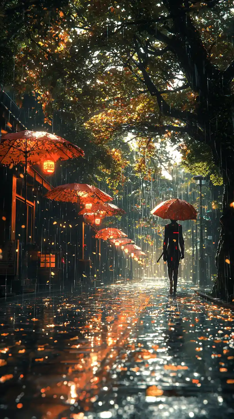 Anime girl standing on a rainy street with dramatic light