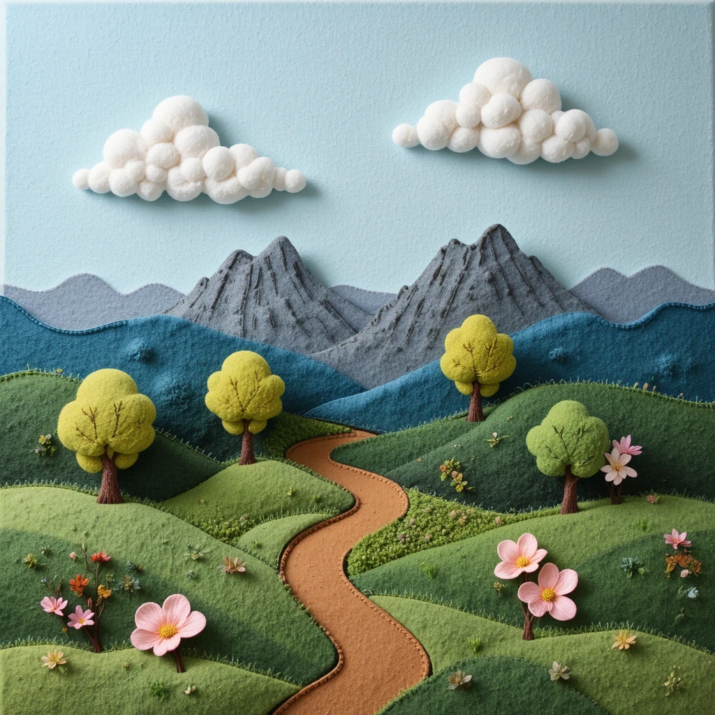 Layered felt landscape with hills trees and large flowers