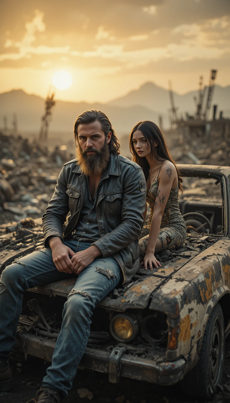 Weathered survivors resting in a ruined car at sunset