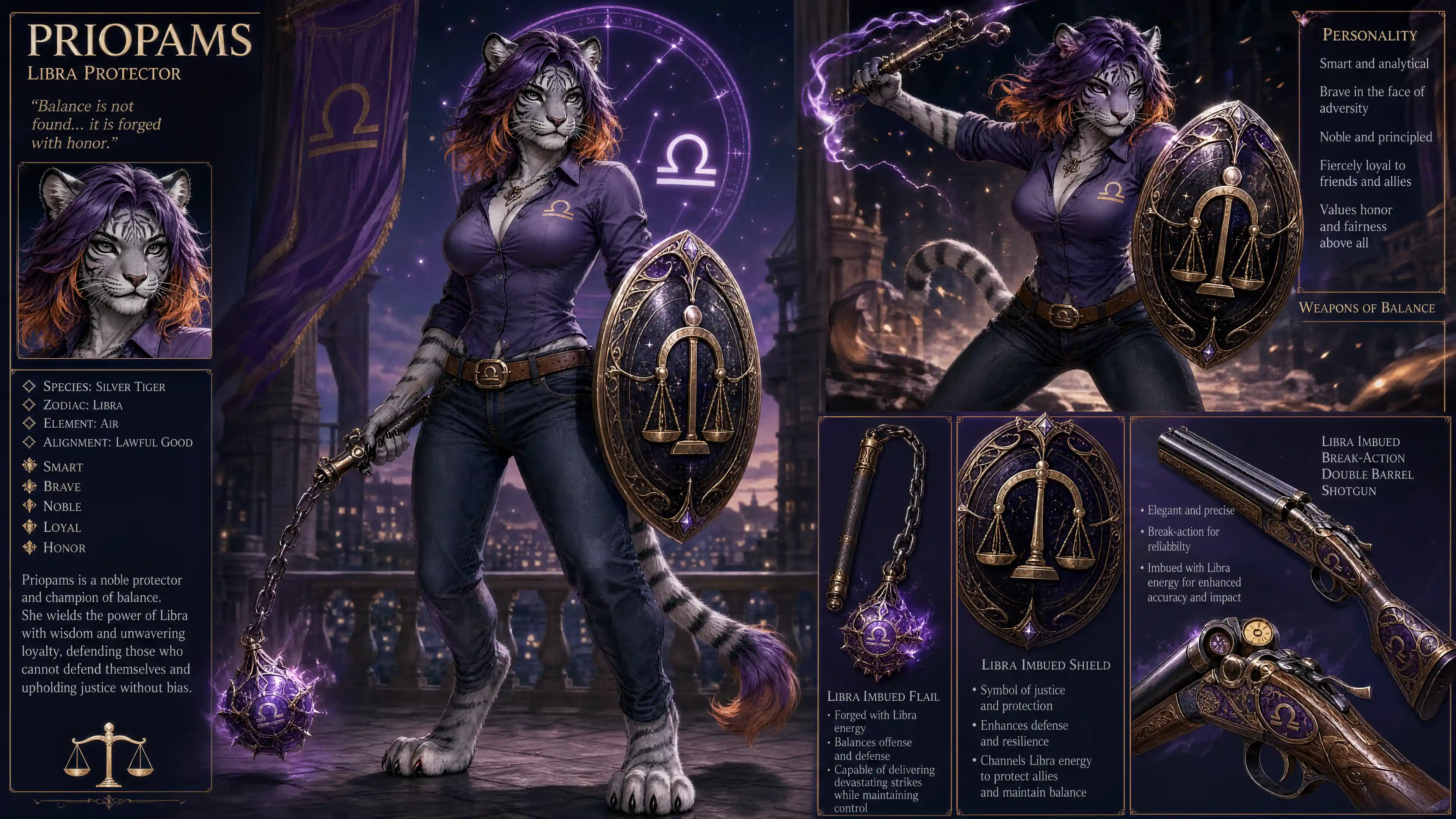 Anthro silver tiger woman with flail shield and shotgun