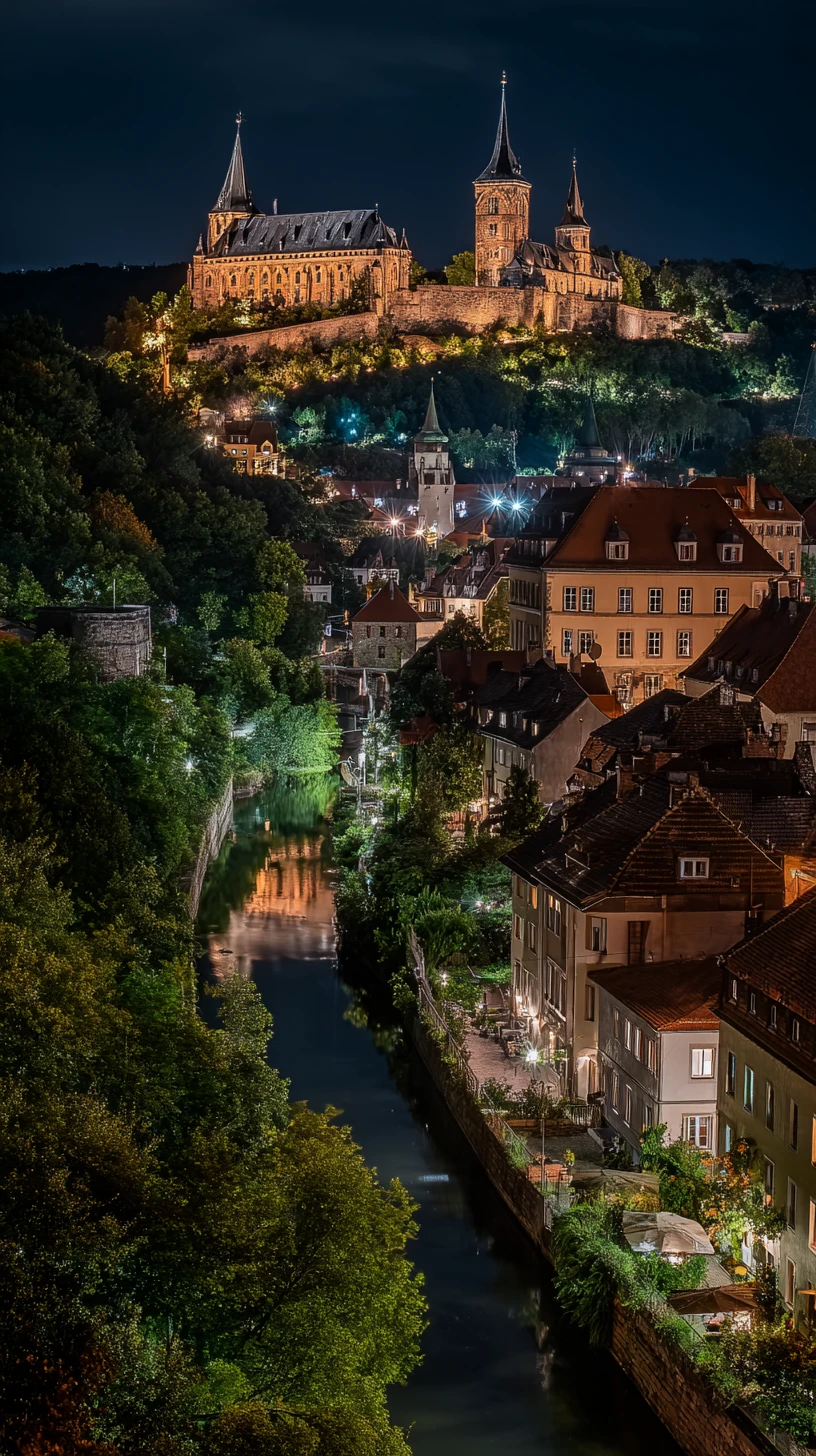 Illuminated medieval castle above a European riverside city