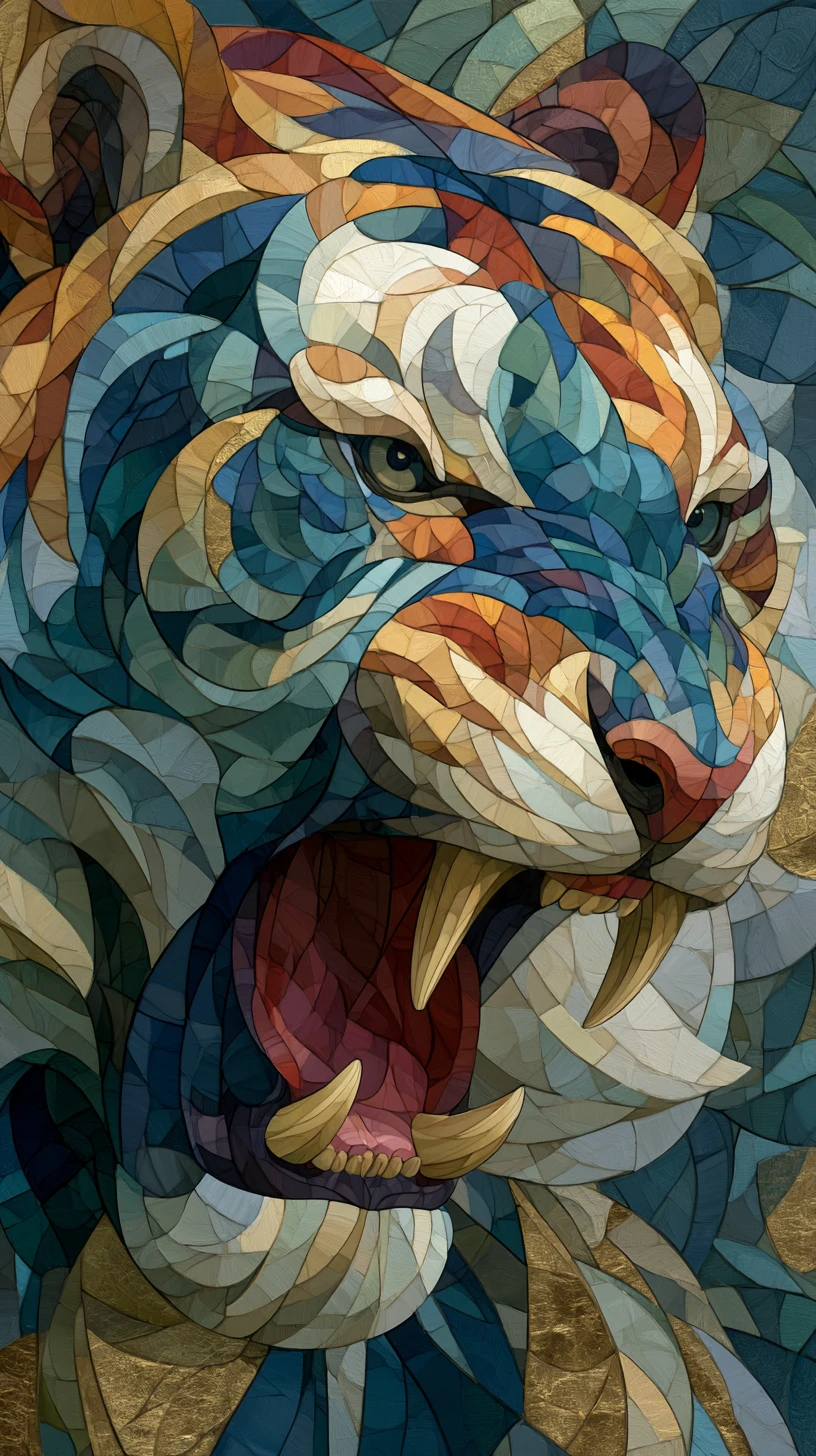 Abstract cubist portrait of a growling rainforest tiger