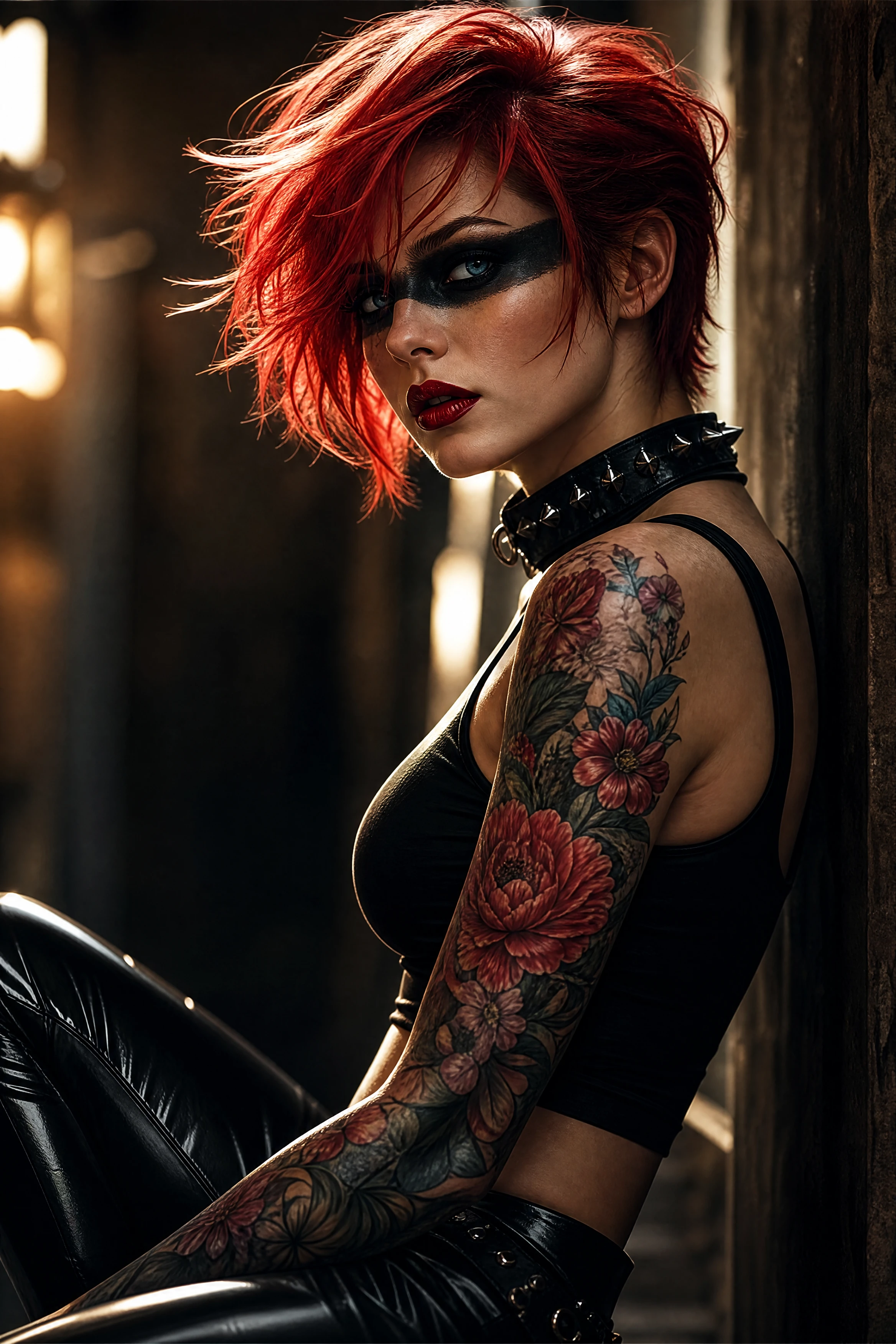 War painted woman with red hair in dramatic light