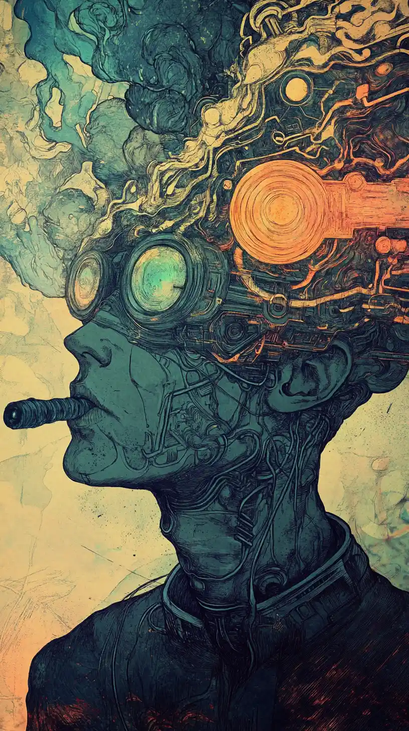 Heroic figure in a futuristic world of technology and magic