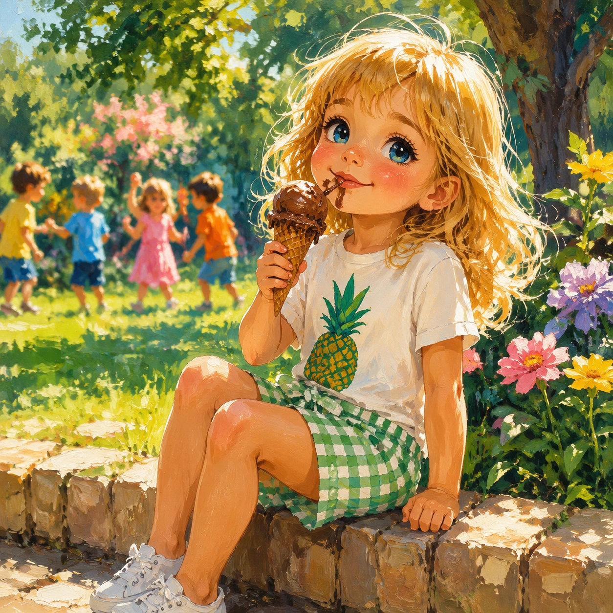 Little girl eating chocolate ice cream in sunny garden