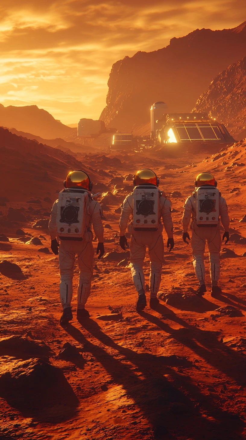 Human explorers walking toward a futuristic Mars settlement