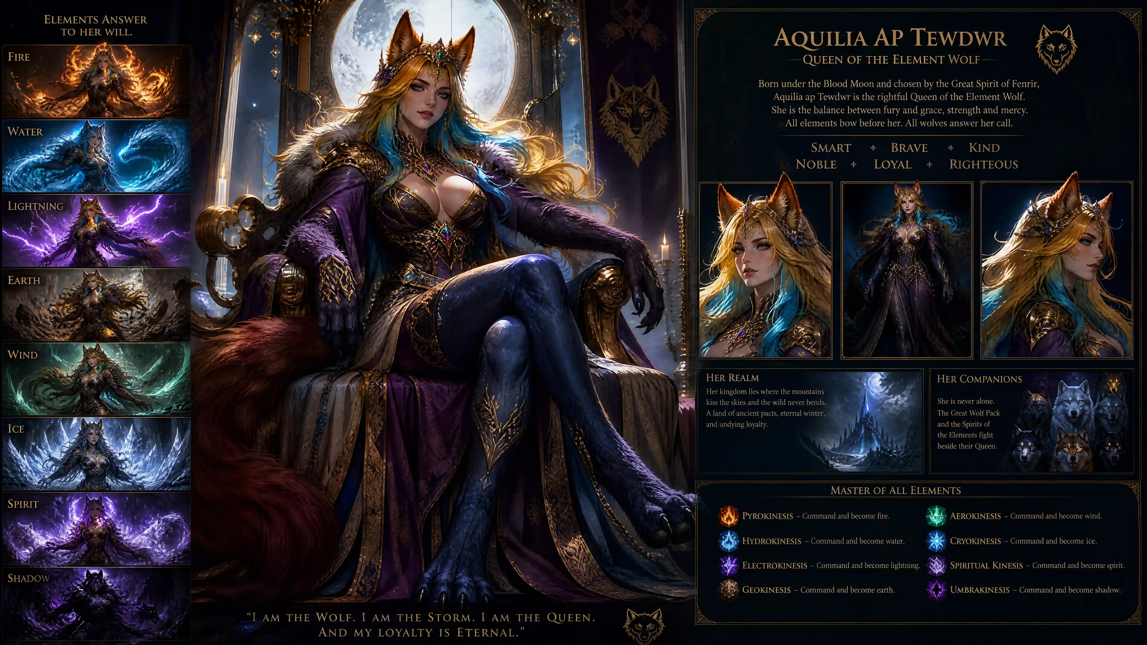 Regal wolf queen with multicolored hair and lupine features