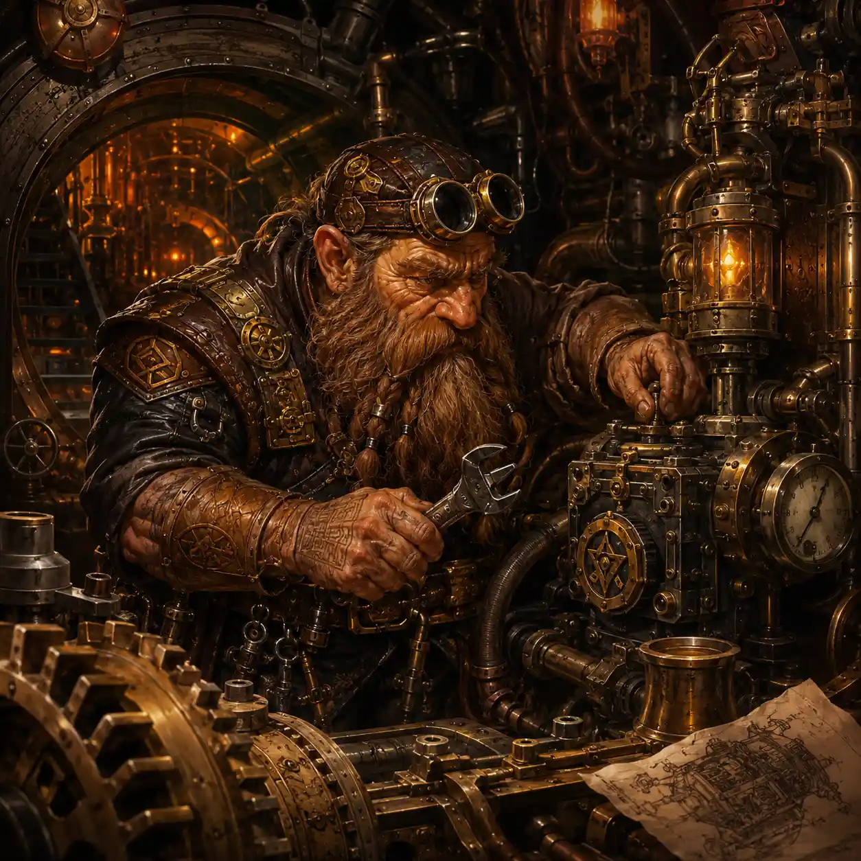 Dwarf ship engineer working in a complex steampunk engine room