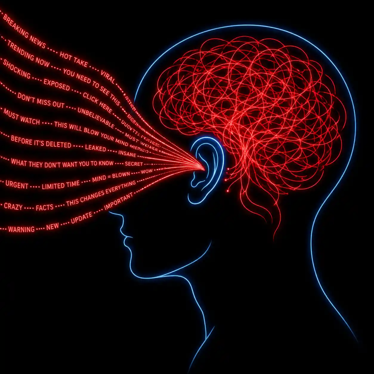 Minimalist profile head with neon text streaming into ear