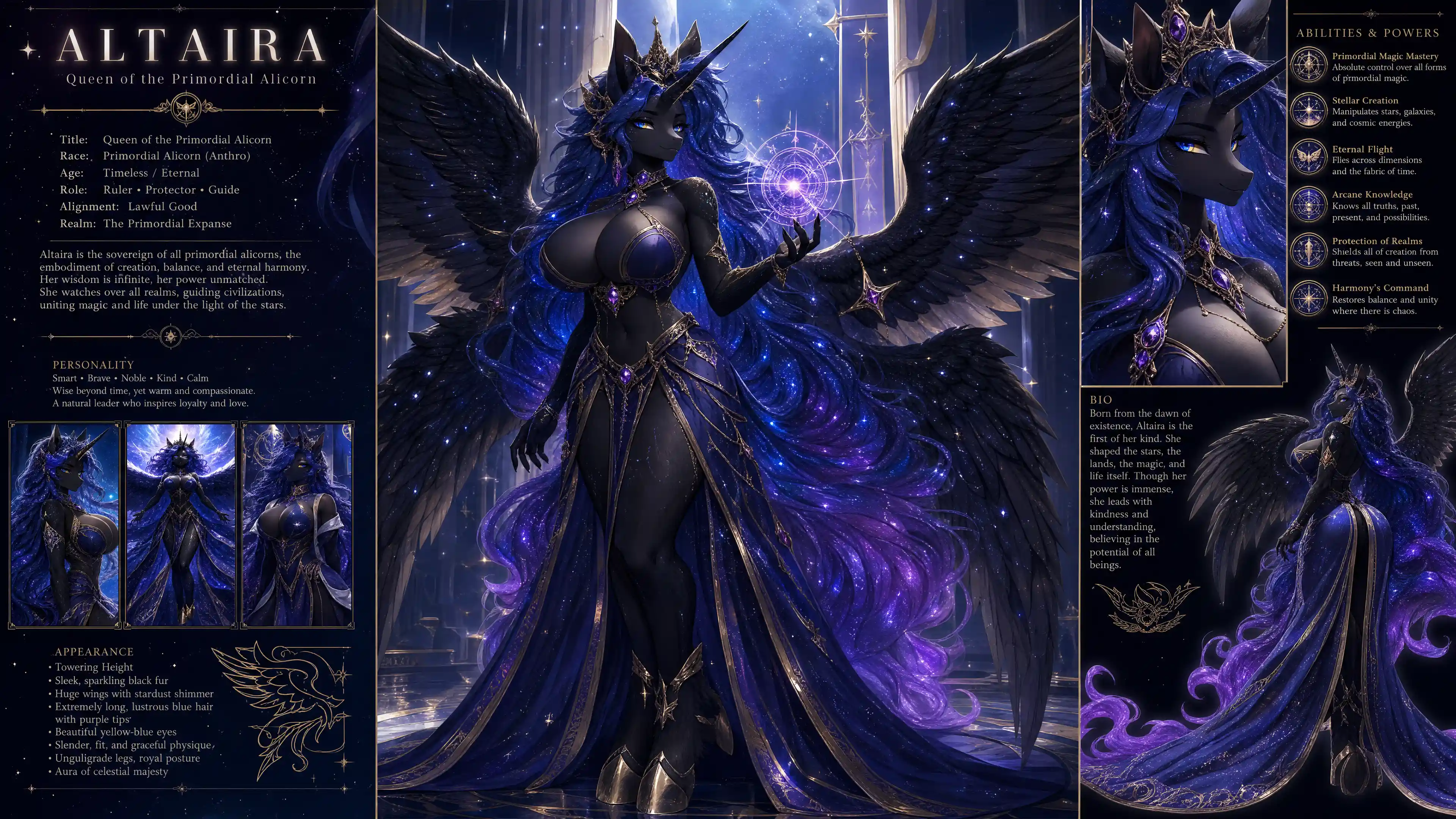 Regal winged alicorn queen with flowing sparkling hair
