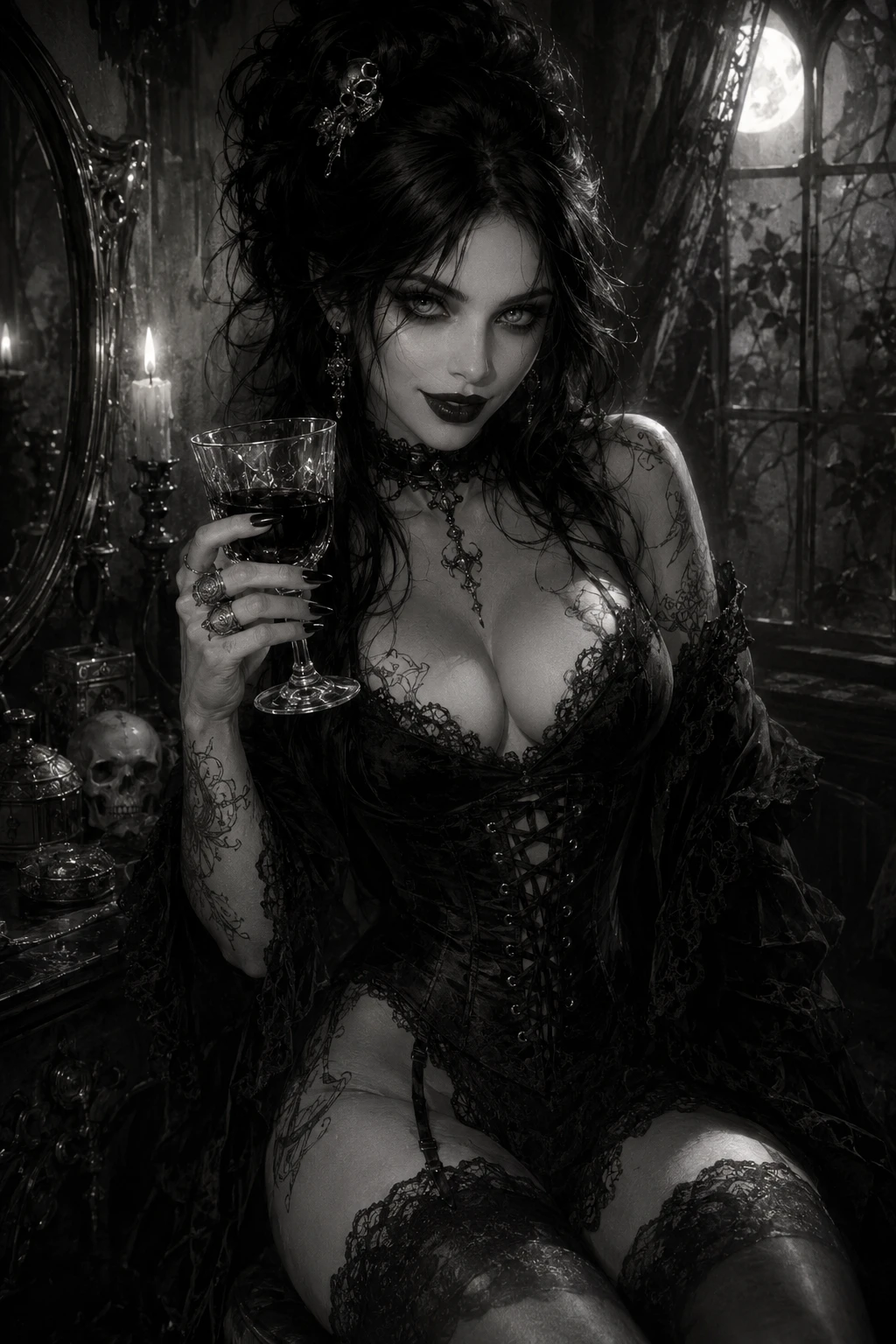 Gothic vampire woman in corset three quarter portrait