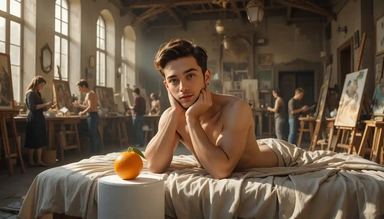 Young nude man reclining in a sunlit artist studio