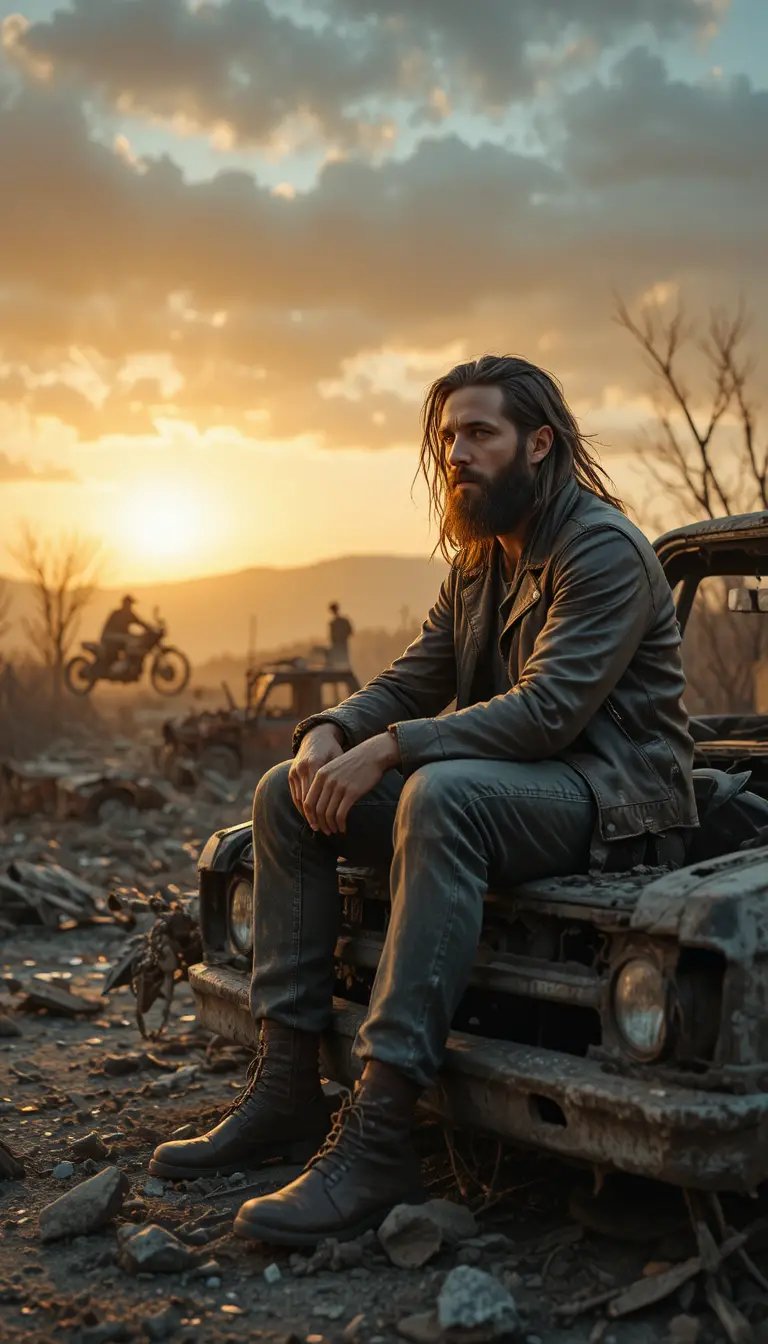 Bearded drifter in a ruined car at sunset wasteland
