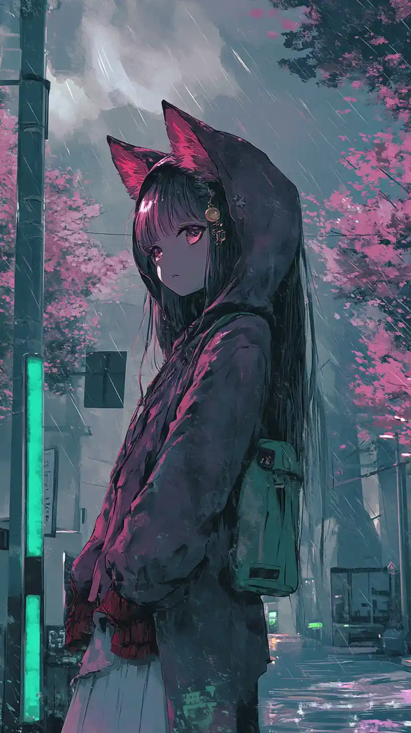 Anime girl before a concrete tower with glowing green lights