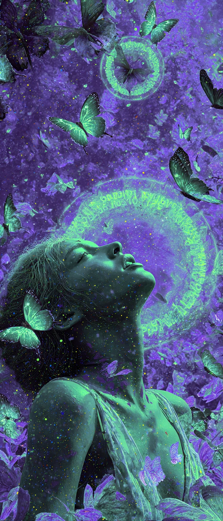 Chica de anime alegre liberando mariposas de fantasía luminosas