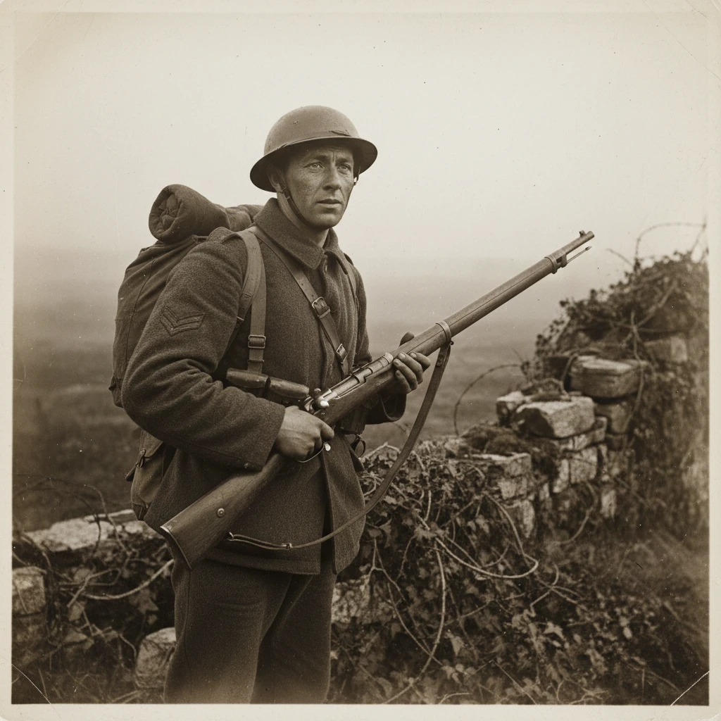 Weary early twentieth century soldier in rural ruins