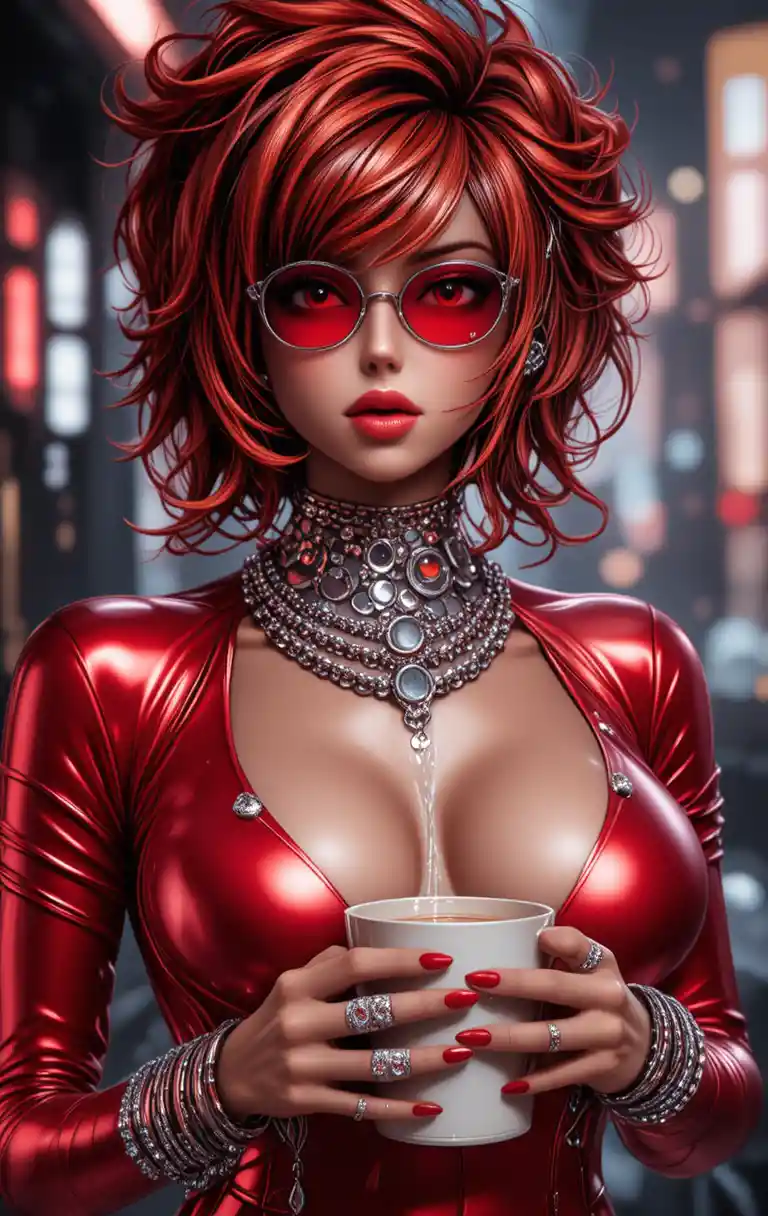 Futuristic red haired woman in metallic red with coffee