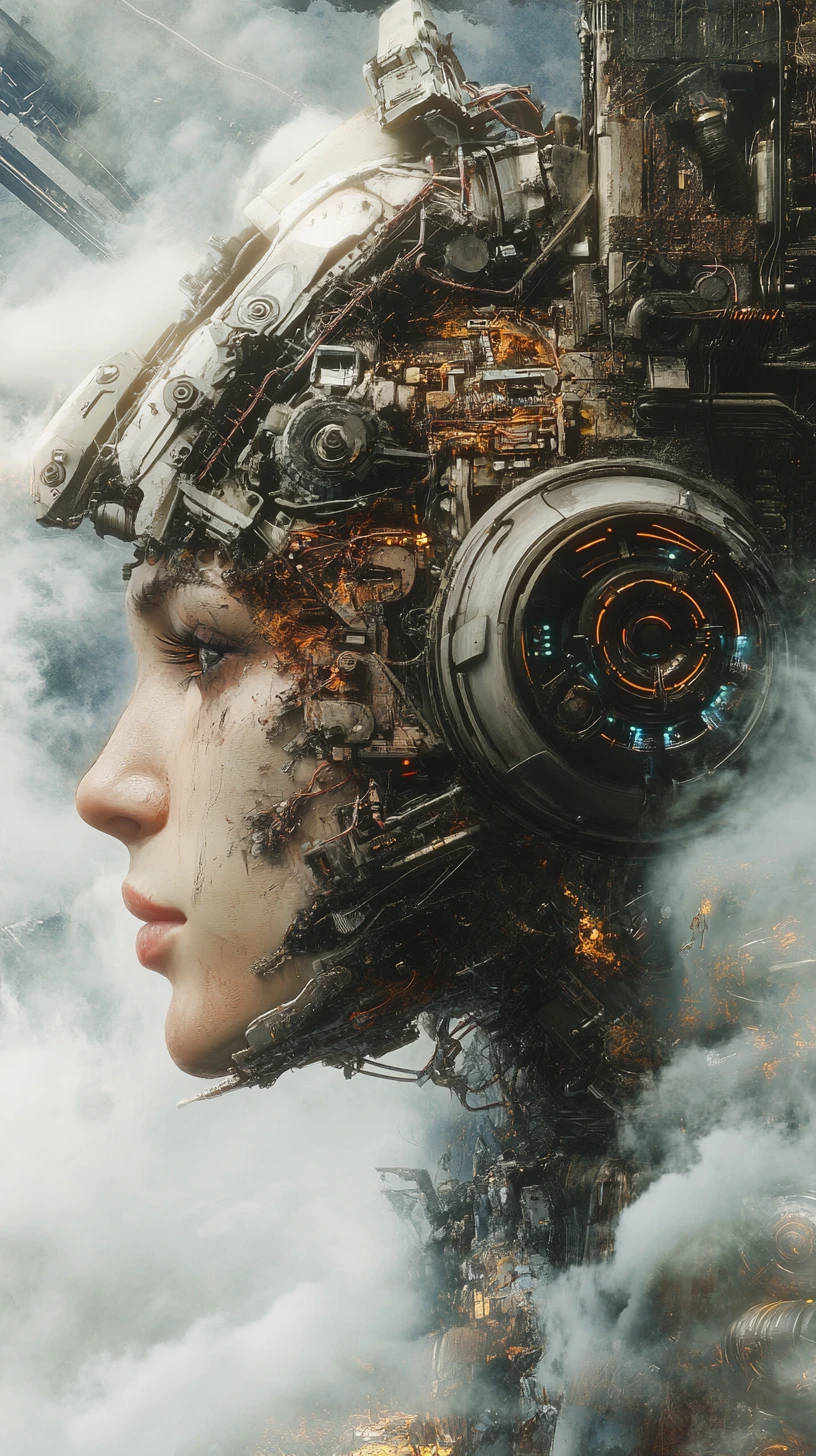 High tech archaeologists composing musical artifacts in sci fi ruins