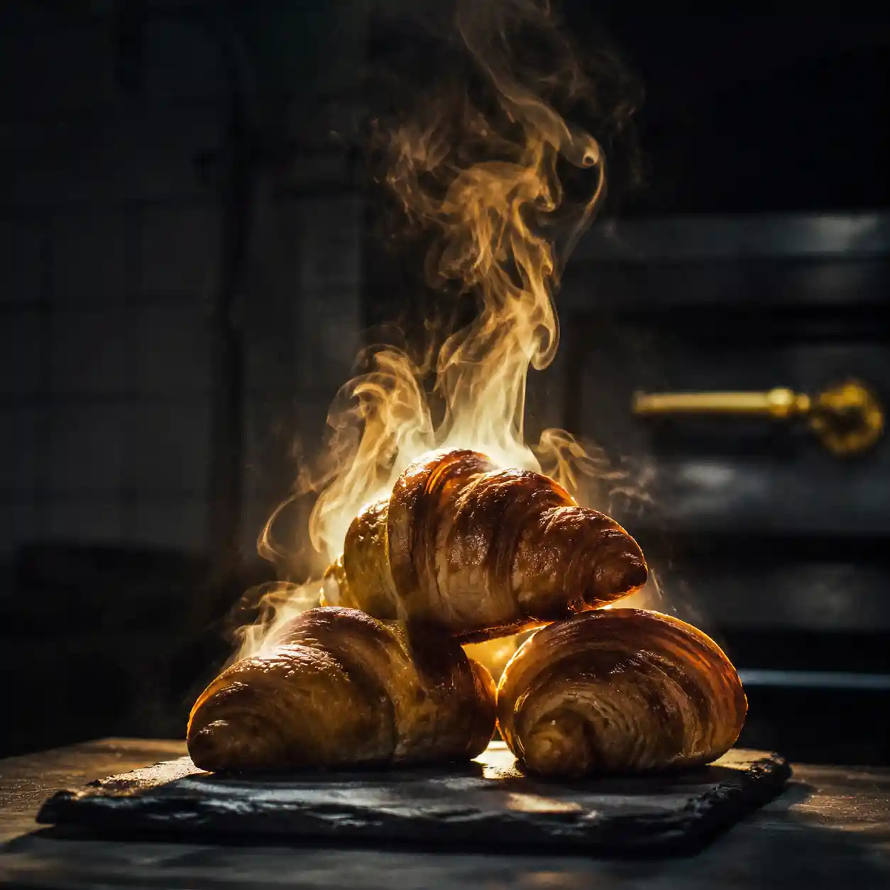 Steaming Croissants On Dark Slate In Moody Bakery Light