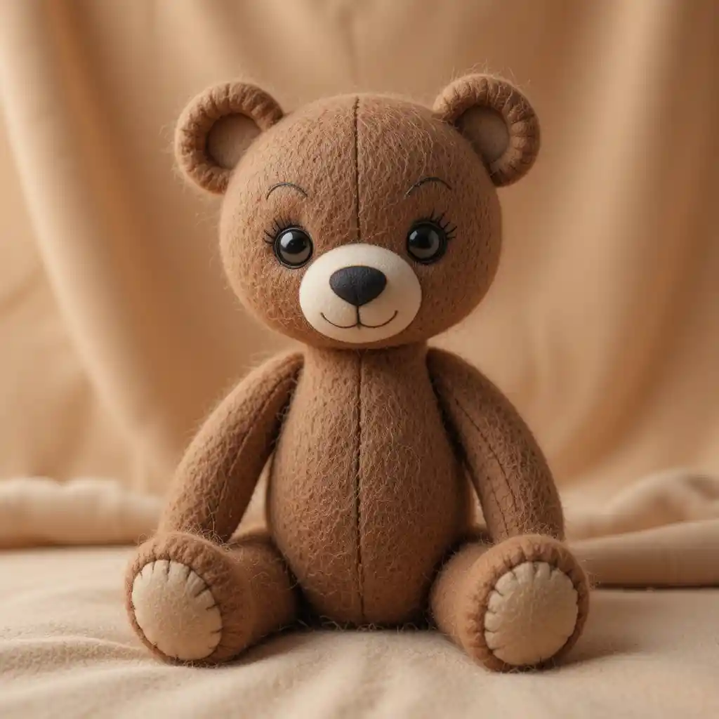 Cute felt teddy bear on soft pastel fabric background