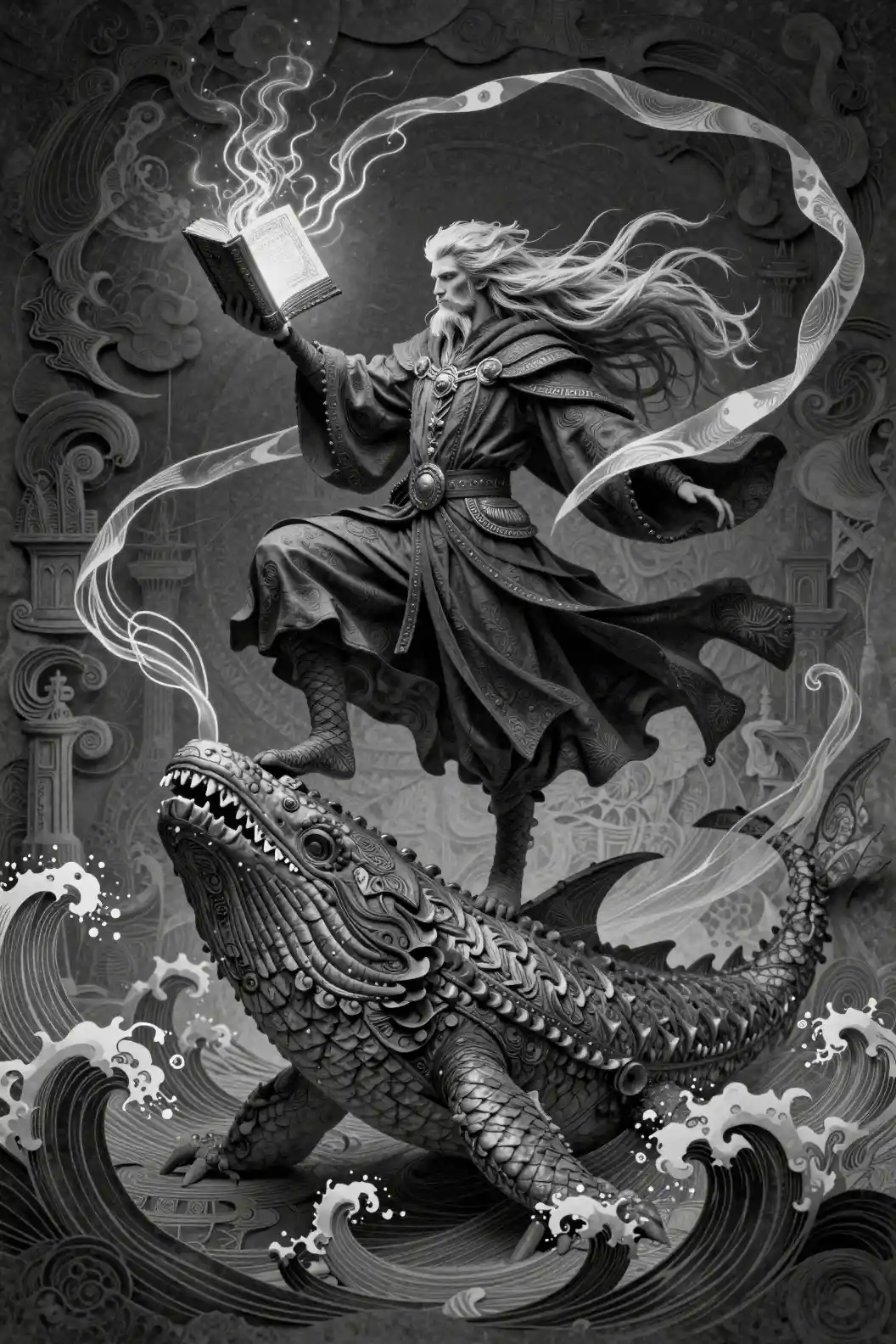 Wizard balancing on leviathan with glowing spellbook